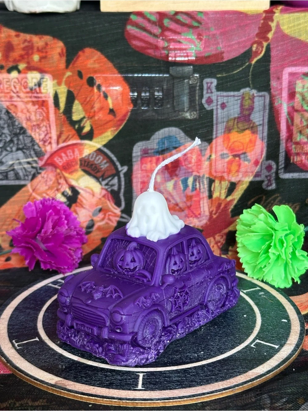 Handmade Boo Mobile Candle – Purple Halloween Car with Ghost
